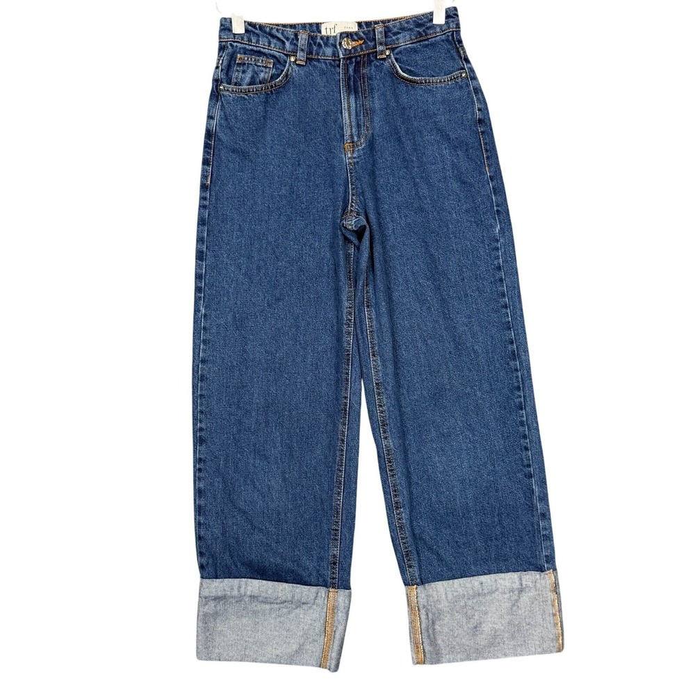 Zara Jeans Womens 2 Blue Trf Collection Sewn Wide Cuffs Baggy Wide Leg Stretch